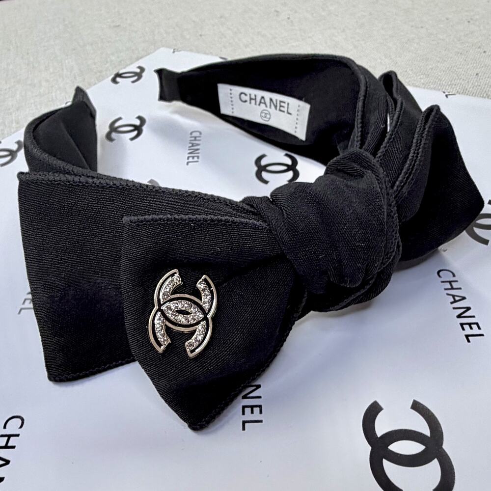 Chanel Black Velvet Large BOW Headband Gold & Black Enamel Crystal Logo Glam - Picture 4 of 4